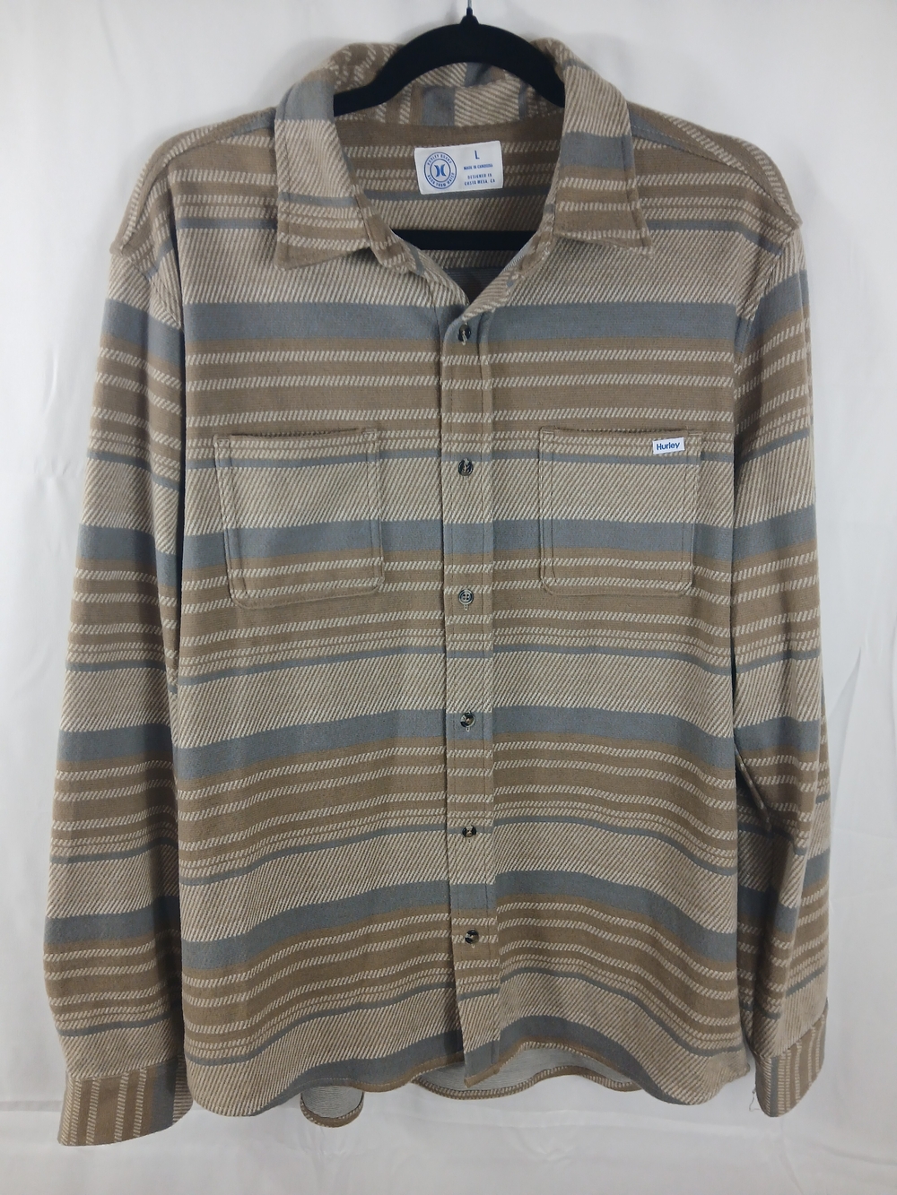 Hurley Mens Large Flannel Shirt Tan Blue Striped Button Front Long Sleeve Heavy